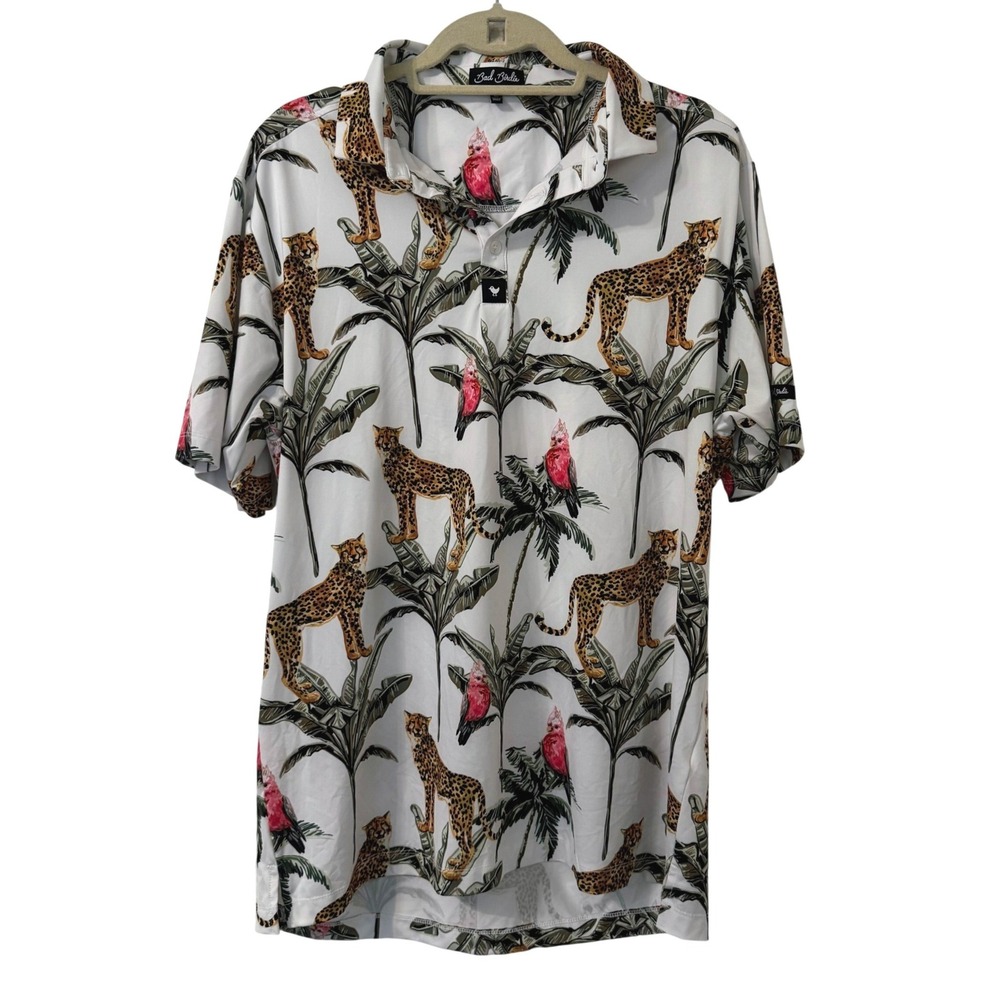 Bad Birdie Mens XL Golf Polo Shirt White Jungle Leopard Parrot Palm Tree Print